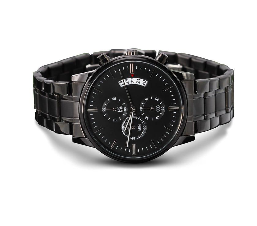 Timeless Elegance: Engraved Black Chronograph Watch