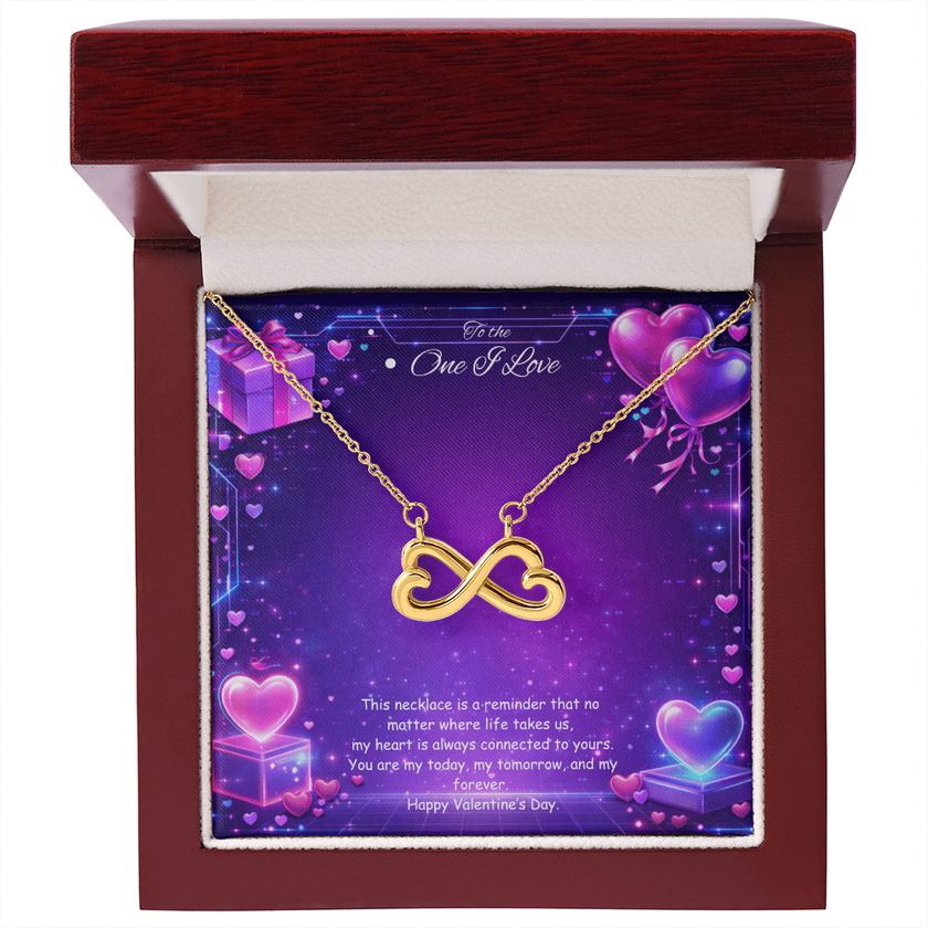 Gold infinity heart necklace displayed in a gift box on a purple Valentine-themed background symbolizing endless love.