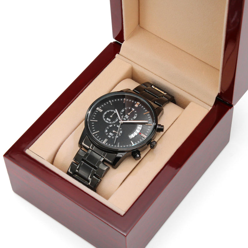 Timeless Elegance: Engraved Black Chronograph Watch