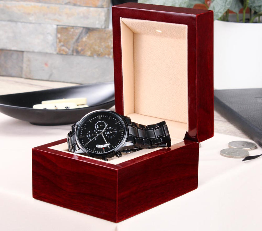 Timeless Elegance: Engraved Black Chronograph Watch