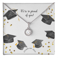 A sparkling silver Eternal Hope necklace with a round pendant, set against a graduation-themed message card that reads "We're so proud of you!" with graduation caps, gold confetti, and "Class of 2025" text.