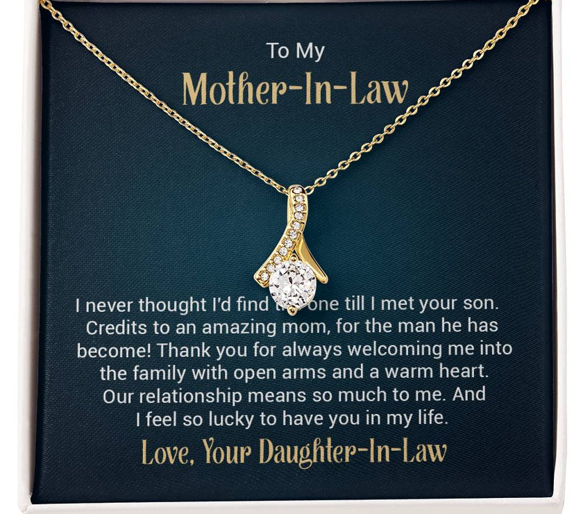 Alluring Beauty necklace features a petite ribbon shaped pendant with message card To My  Mother-In-Law