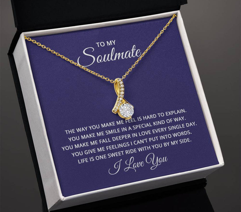 Alluring Beauty necklace features a petite ribbon shaped pendant with message card To My Soulmate