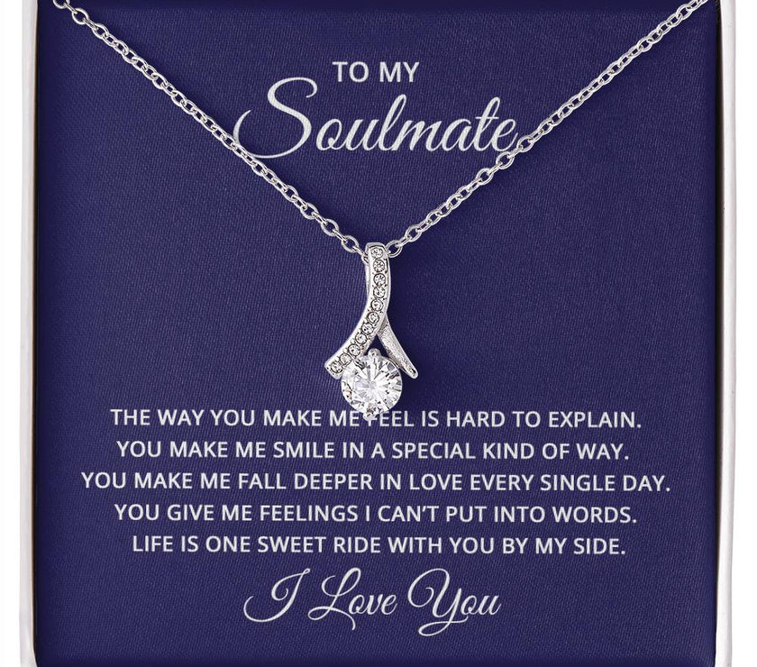 Alluring Beauty necklace features a petite ribbon shaped pendant with message card To My Soulmate