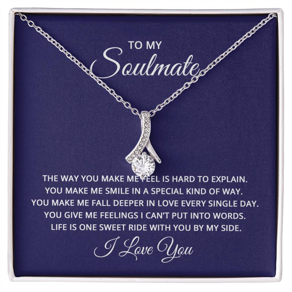 Alluring Beauty necklace features a petite ribbon shaped pendant with message card To My Soulmate