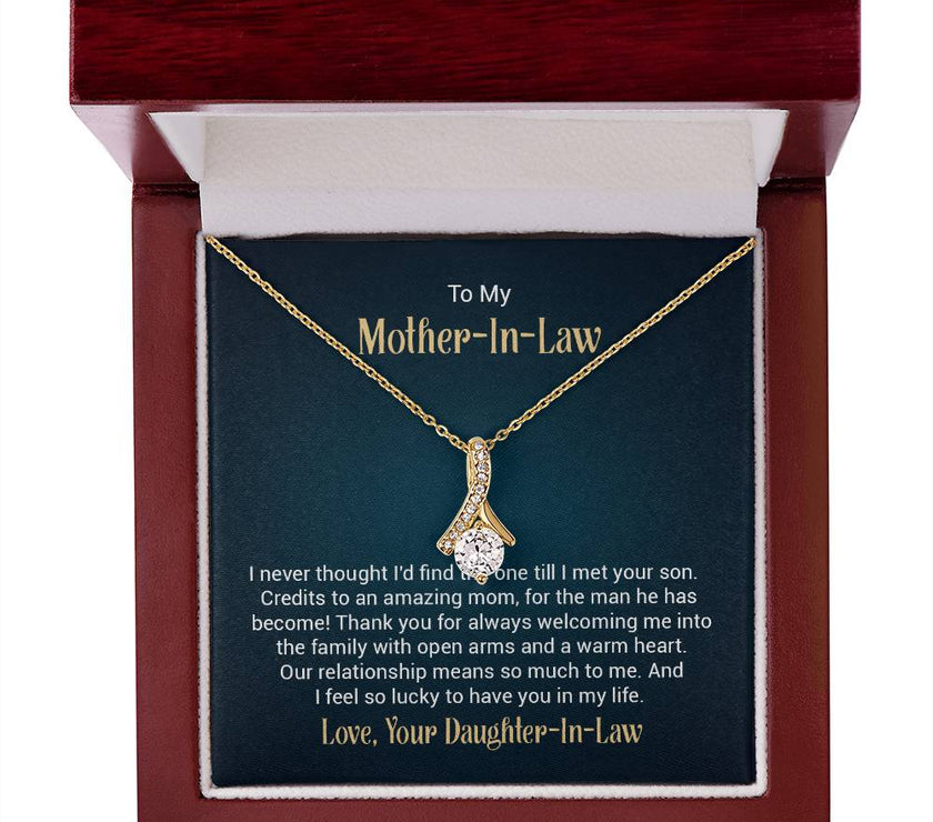 Alluring Beauty necklace features a petite ribbon shaped pendant with message card To My  Mother-In-Law