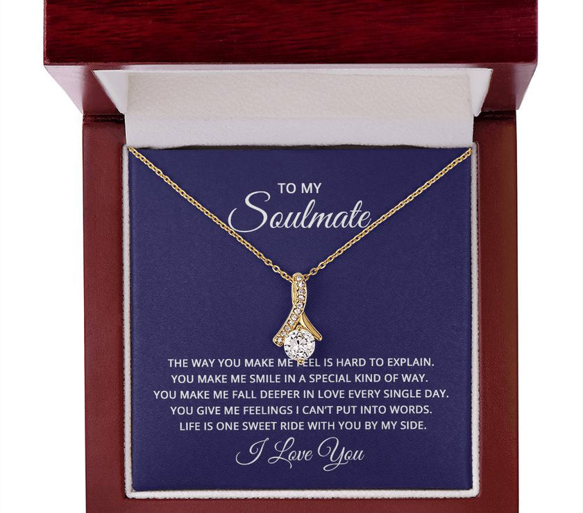 Alluring Beauty necklace features a petite ribbon shaped pendant with message card To My Soulmate