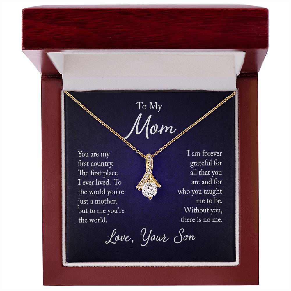 Alluring Beauty necklace features a petite ribbon shaped pendant with message card To Mom