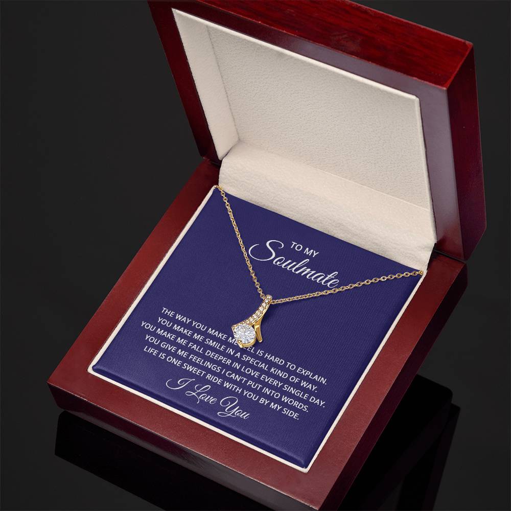 Alluring Beauty necklace features a petite ribbon shaped pendant with message card To My Soulmate