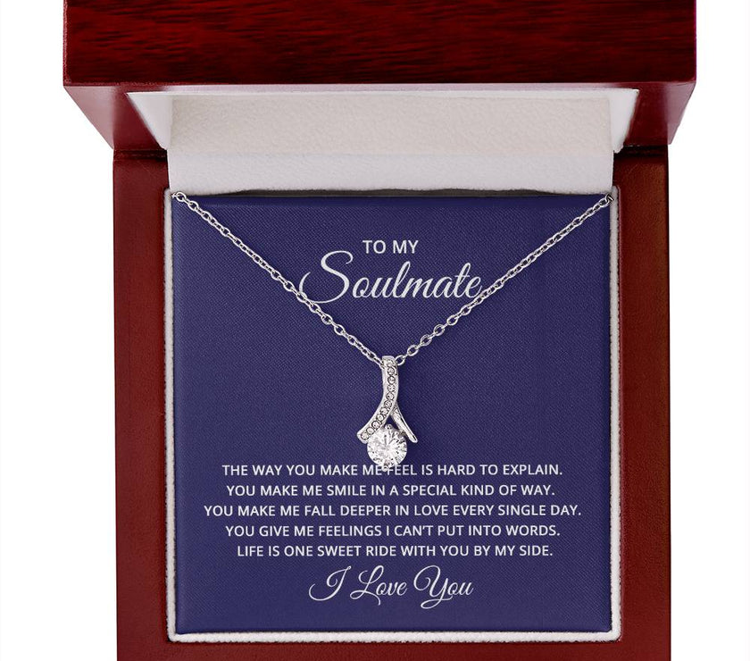 Alluring Beauty necklace features a petite ribbon shaped pendant with message card To My Soulmate