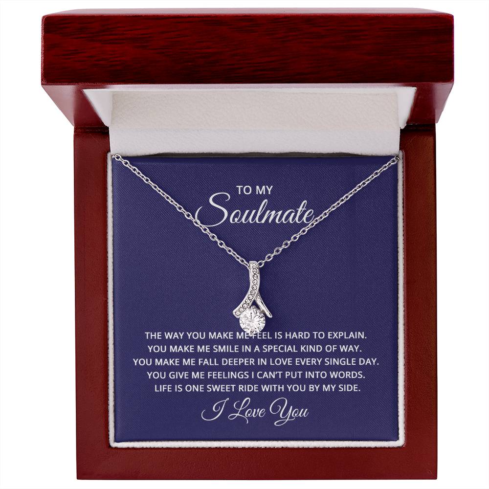 Alluring Beauty necklace features a petite ribbon shaped pendant with message card To My Soulmate