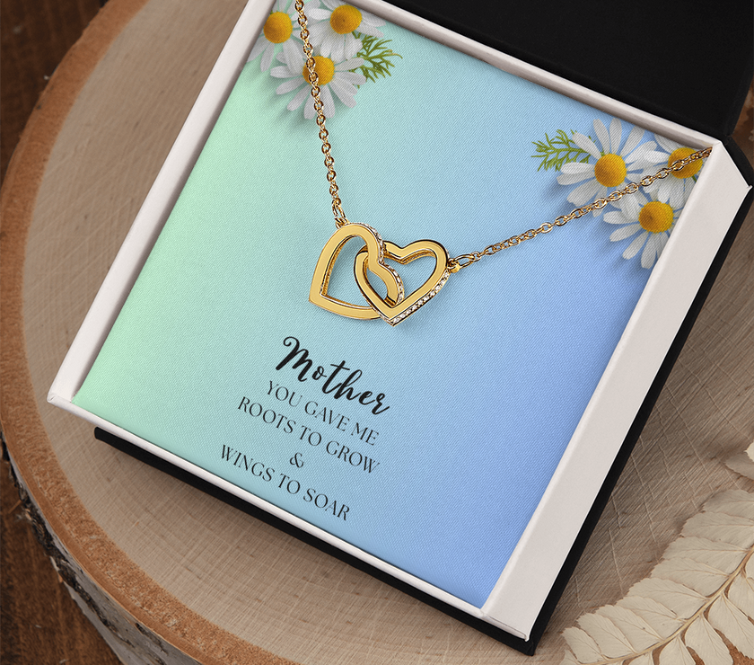 Two Interlocking Hearts Necklace, Bond - Mother's Day message "Mother you gave me roots to grow and wings to soar"