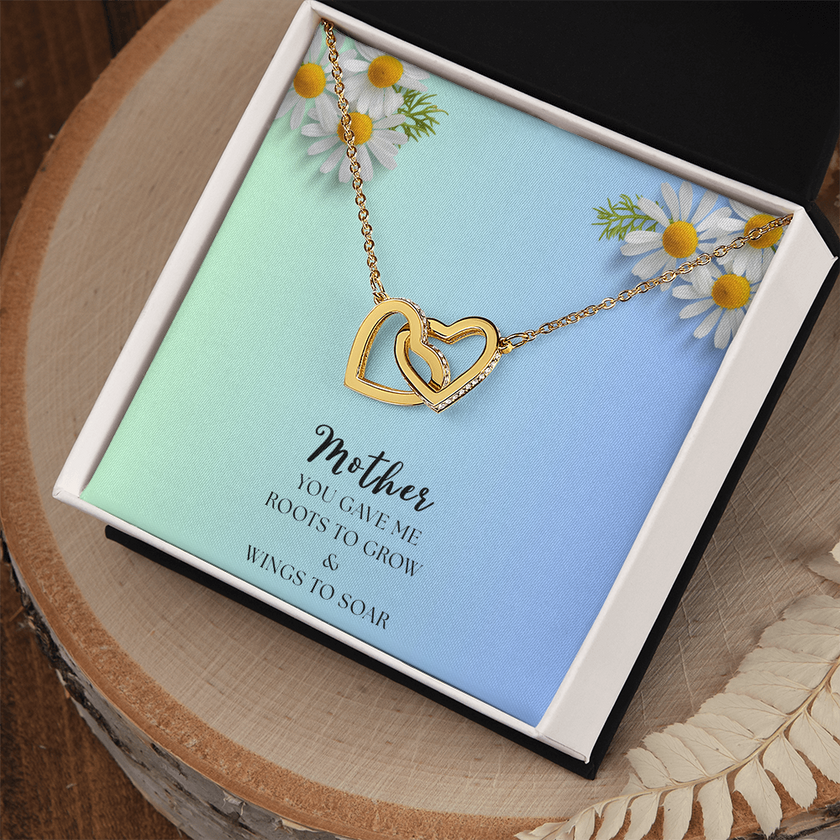 Two Interlocking Hearts Necklace, Bond - Mother's Day message "Mother you gave me roots to grow and wings to soar"