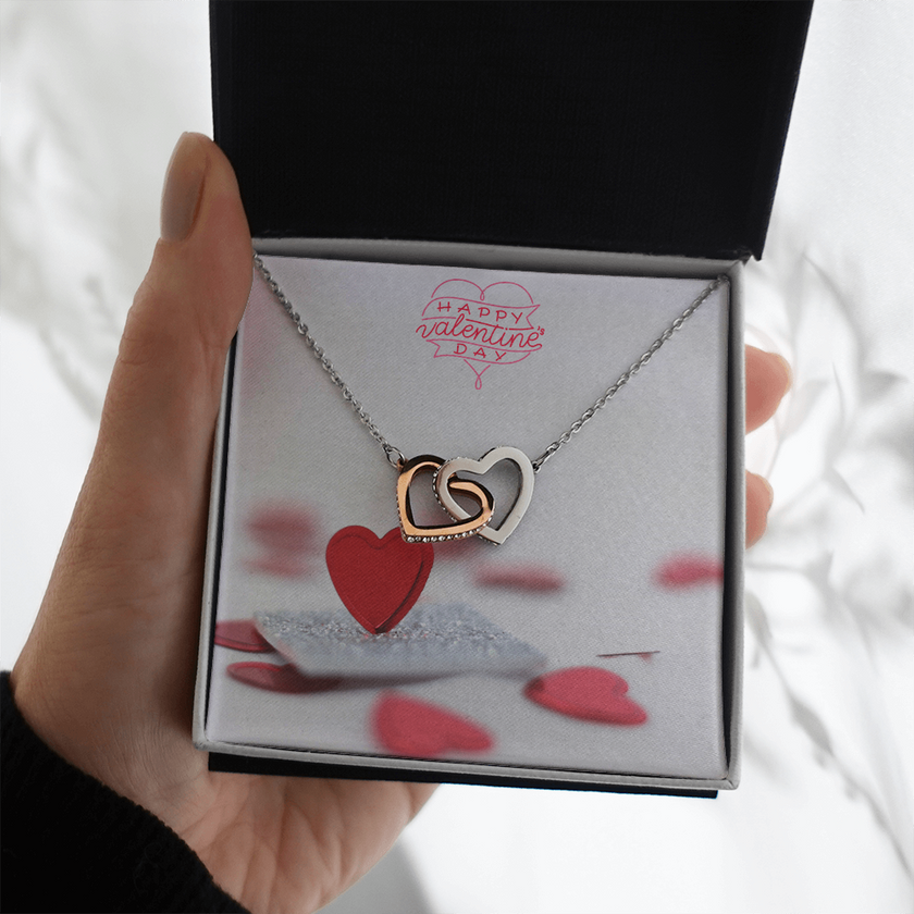 Interlocking Hearts Necklace with the message Happy Valentine's Day