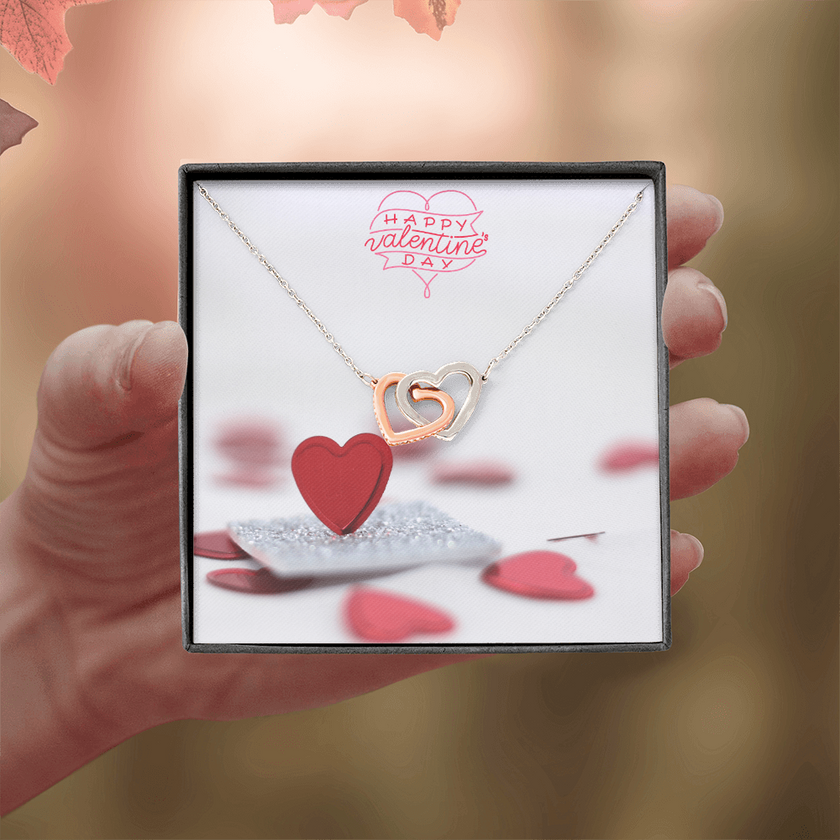 Interlocking Hearts Necklace with the message Happy Valentine's Day