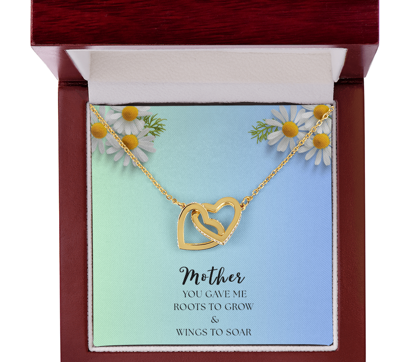 Two Interlocking Hearts Necklace, Bond - Mother's Day message "Mother you gave me roots to grow and wings to soar"