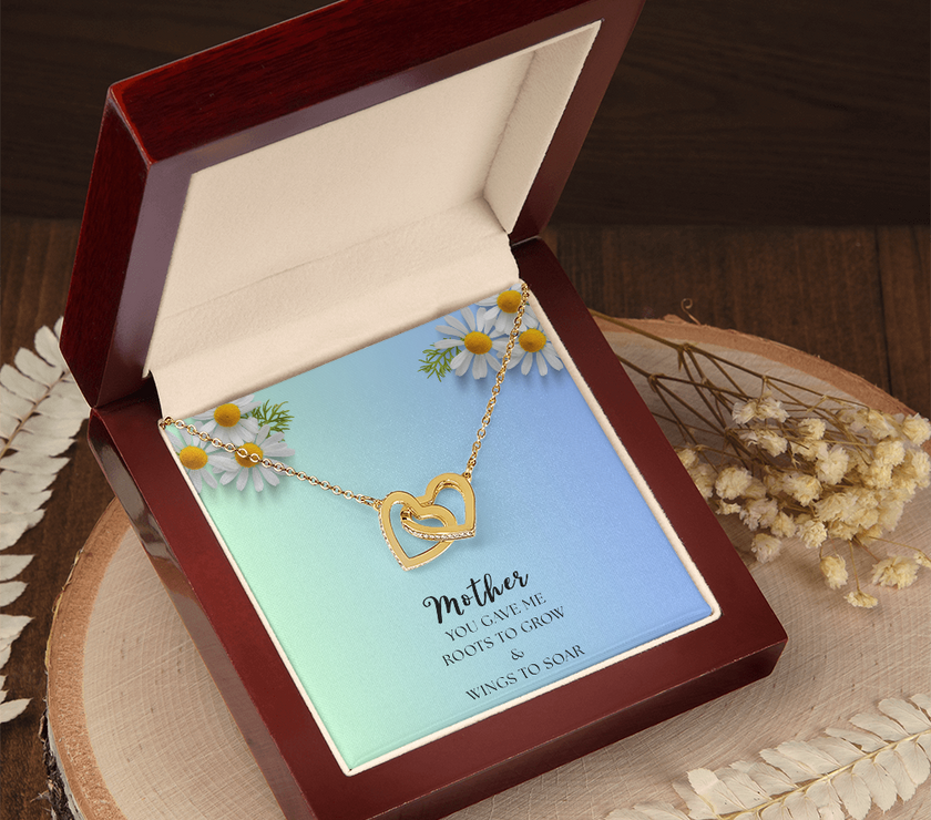 Two Interlocking Hearts Necklace, Bond - Mother's Day message "Mother you gave me roots to grow and wings to soar"