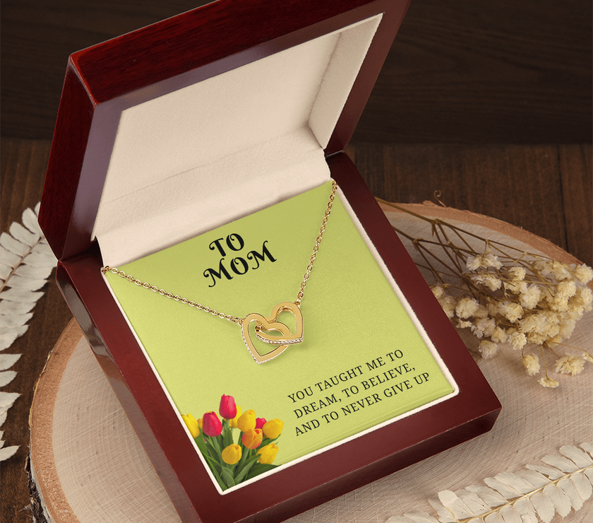 From My Heart to Yours – Interlocking Hearts Pendant with message card :-"You taught me to dream, to believe, and to never give up"