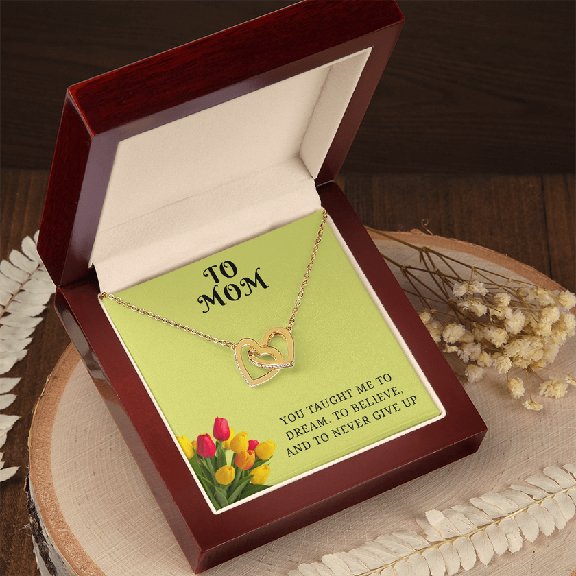 From My Heart to Yours – Interlocking Hearts Pendant with message card :-"You taught me to dream, to believe, and to never give up"