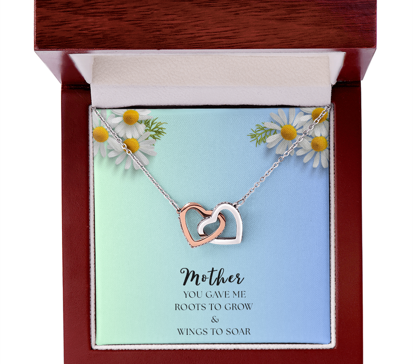 Two Interlocking Hearts Necklace, Bond - Mother's Day message "Mother you gave me roots to grow and wings to soar"