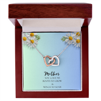 Two Interlocking Hearts Necklace, Bond - Mother's Day message "Mother you gave me roots to grow and wings to soar"