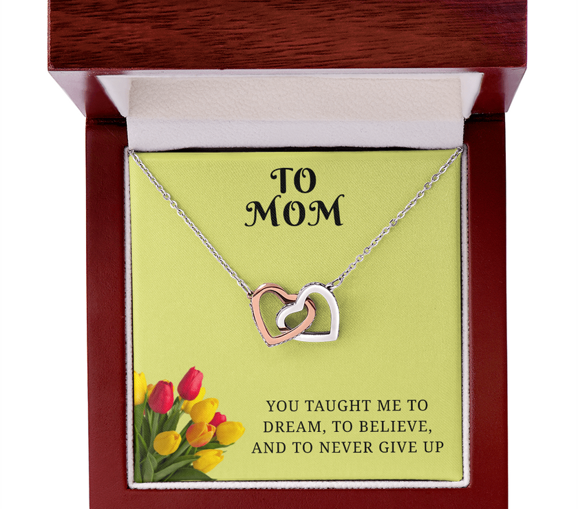 From My Heart to Yours – Interlocking Hearts Pendant with message card :-"You taught me to dream, to believe, and to never give up"