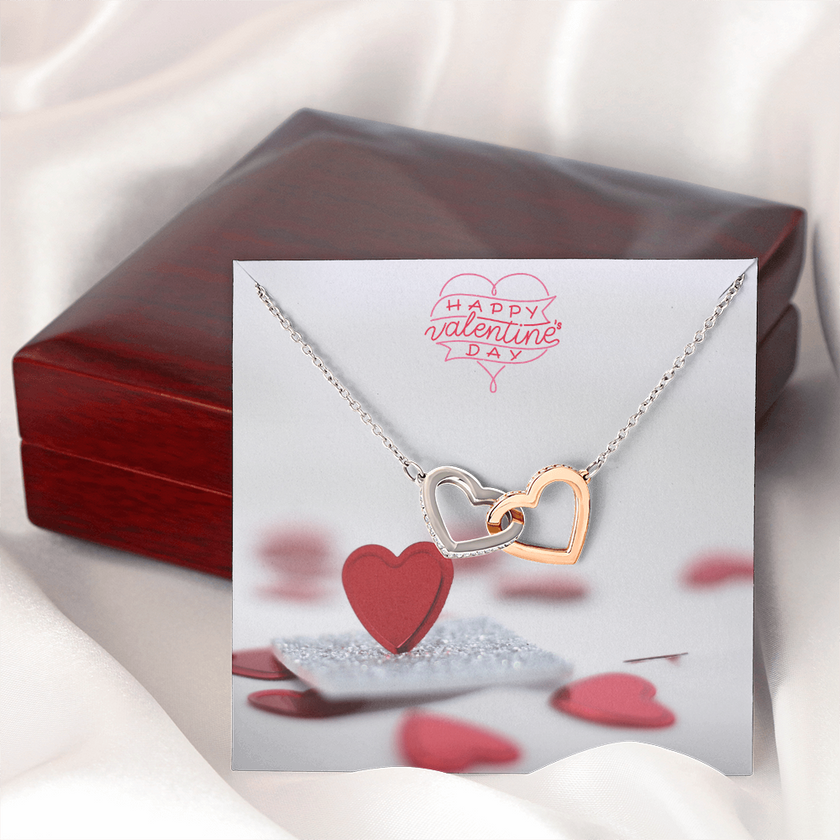 Interlocking Hearts Necklace with the message Happy Valentine's Day