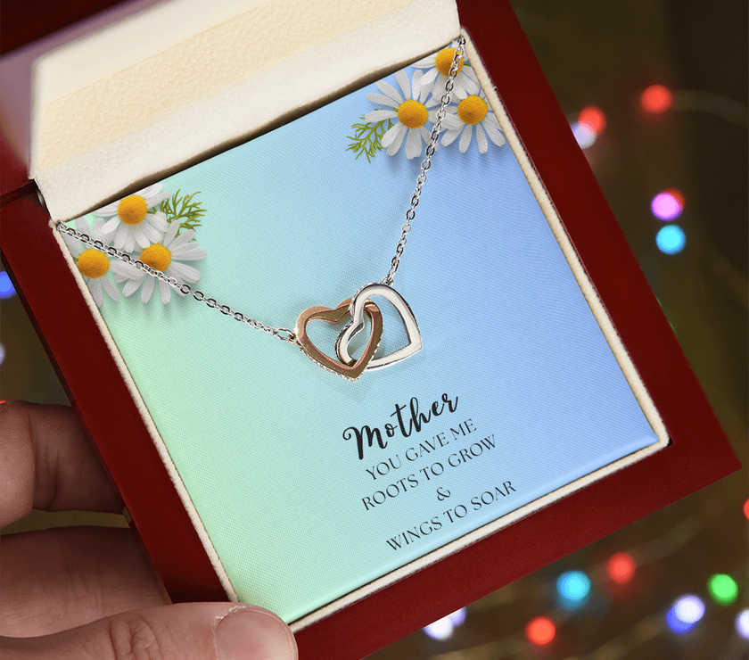 Two Interlocking Hearts Necklace, Bond - Mother's Day message "Mother you gave me roots to grow and wings to soar"
