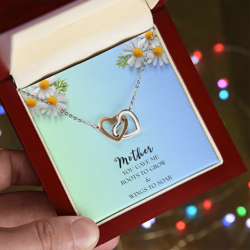 Two Interlocking Hearts Necklace, Bond - Mother's Day message "Mother you gave me roots to grow and wings to soar"