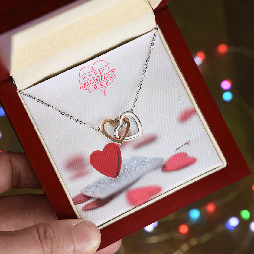 Interlocking Hearts Necklace with the message Happy Valentine's Day