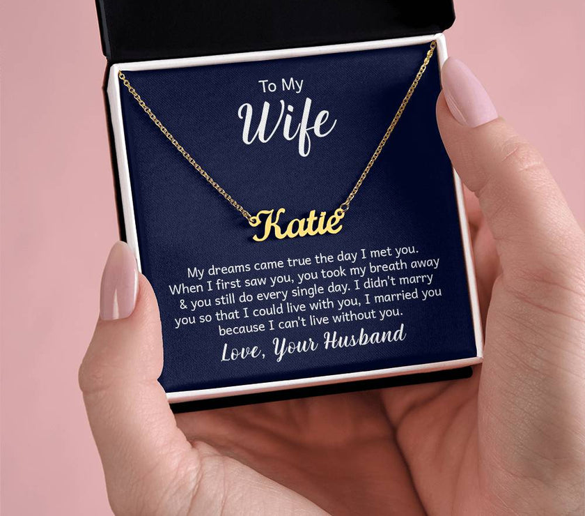18K Yellow Gold Finish  Custom Name Necklace with message card To My Wife Made In USA