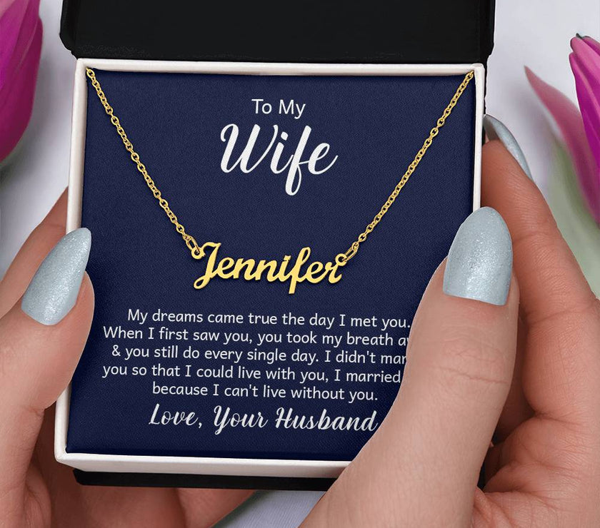 18K Yellow Gold Finish  Custom Name Necklace with message card To My Wife Made In USA