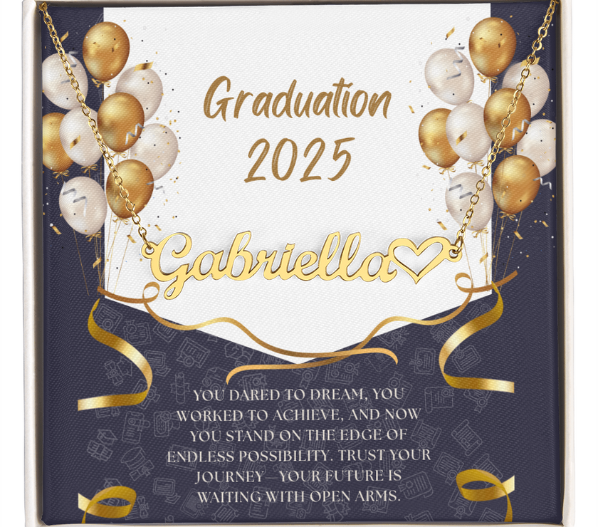 Close-up of a personalized gold name necklace with heart, set against a message card that reads "Graduation 2025" and includes an inspiring graduation quote, with gold and white balloons in the background.