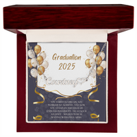 Close-up of hands holding an open red gift box featuring a personalized silver name necklace with heart, set against a message card that reads "Graduation 2025" and includes an inspiring graduation quote, with gold and white balloons in the background.
