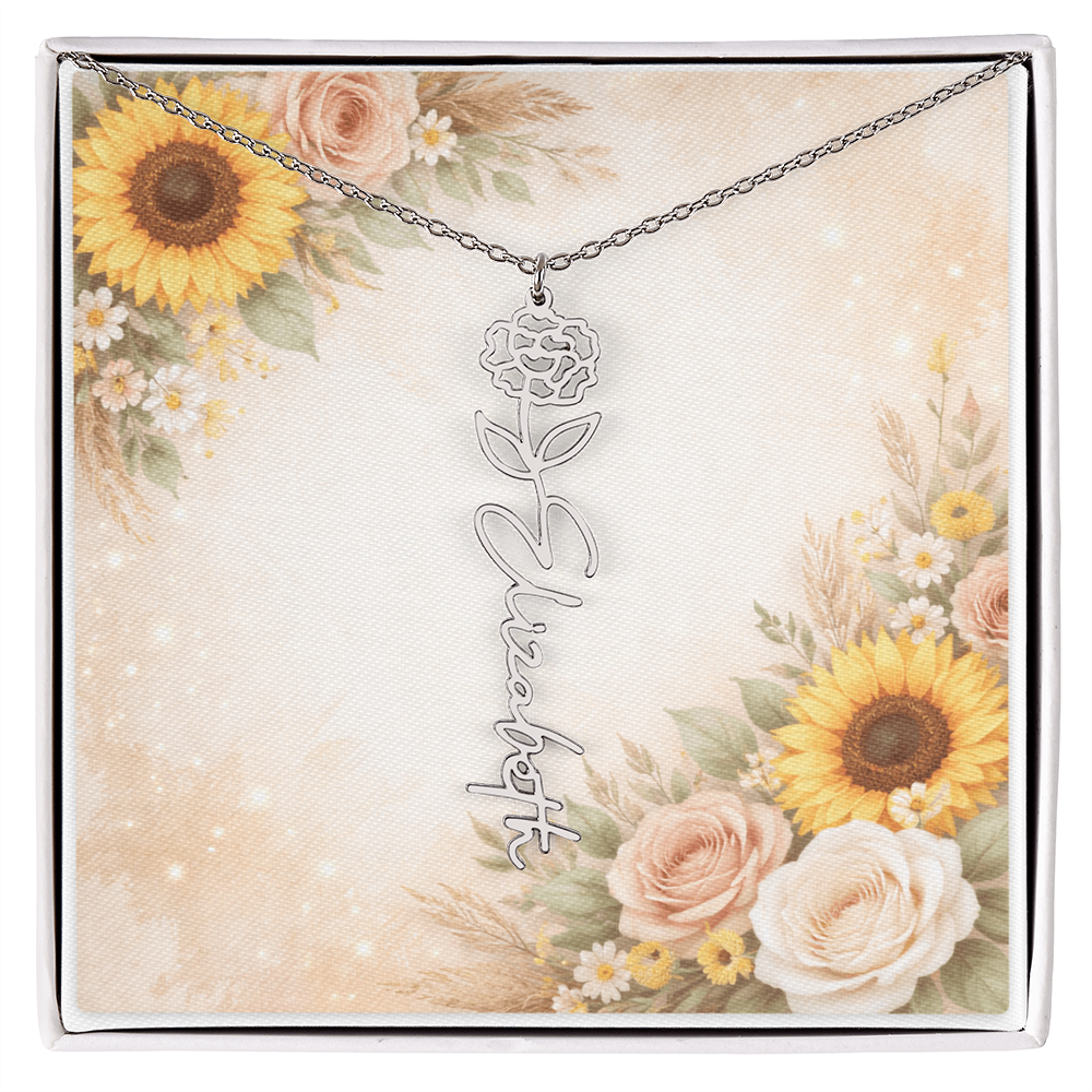 Polished stainless steel birth flower custom name necklace in gift box with message card of sunflower, roses 
