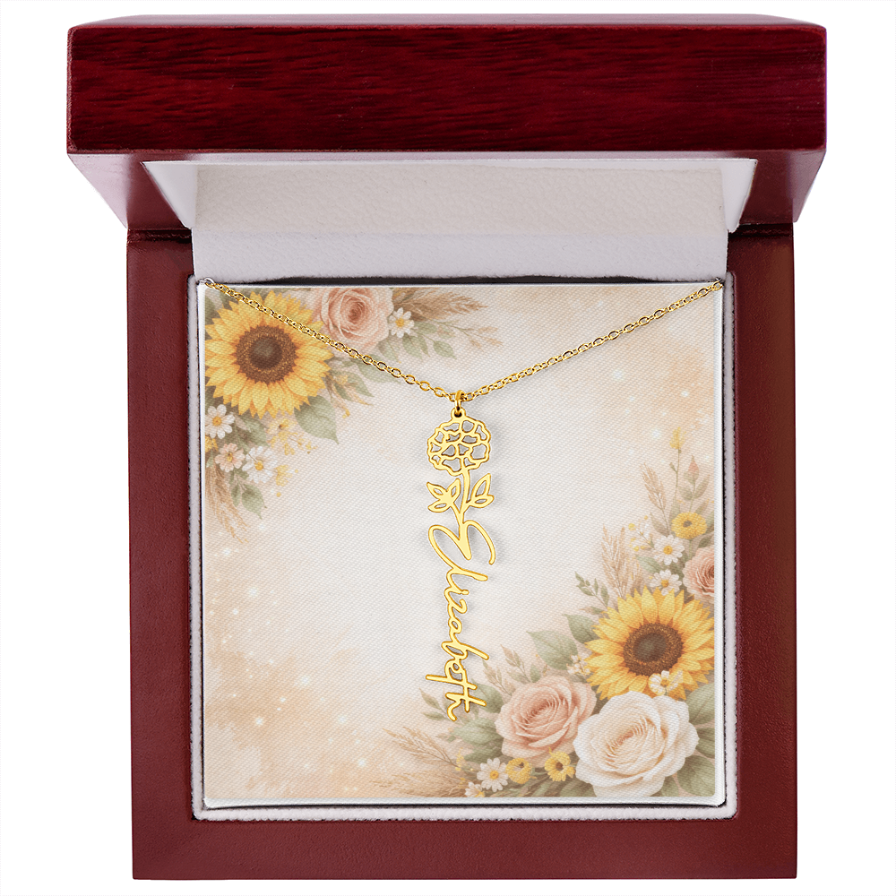 18K gold finish birth flower custom name necklace in gift box with message card of sunflower, roses 