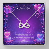 Silver infinity heart necklace displayed in a gift box on a purple Valentine-themed background symbolizing endless love.