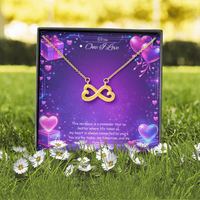 Gold infinity heart necklace displayed in a gift box on a purple Valentine-themed background symbolizing endless love.