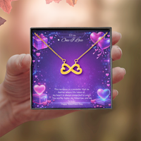 Gold infinity heart necklace displayed in a gift box on a purple Valentine-themed background symbolizing endless love.