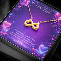 Gold infinity heart necklace displayed in a gift box on a purple Valentine-themed background symbolizing endless love.