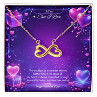 Gold infinity heart necklace displayed in a gift box on a purple Valentine-themed background symbolizing endless love.