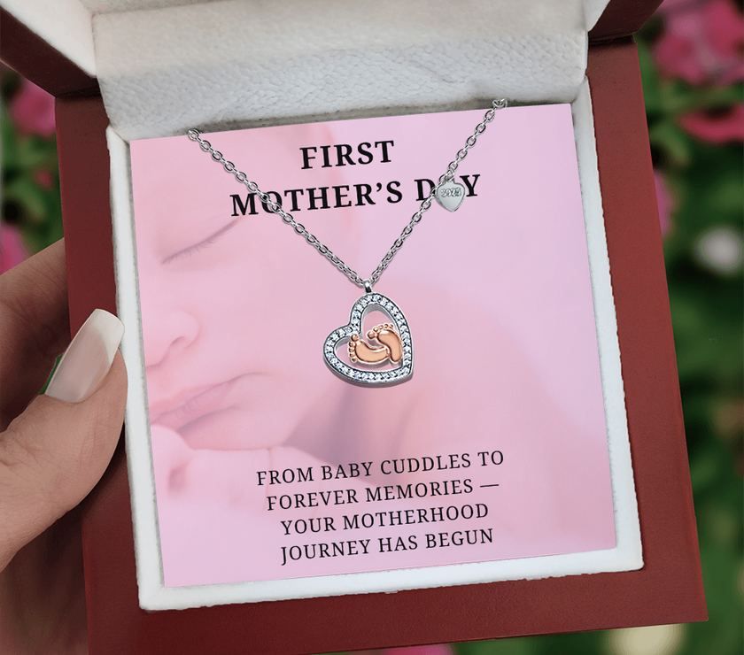 New Mom, New Love – First Mother's Day Heart Necklace with babies feet in center