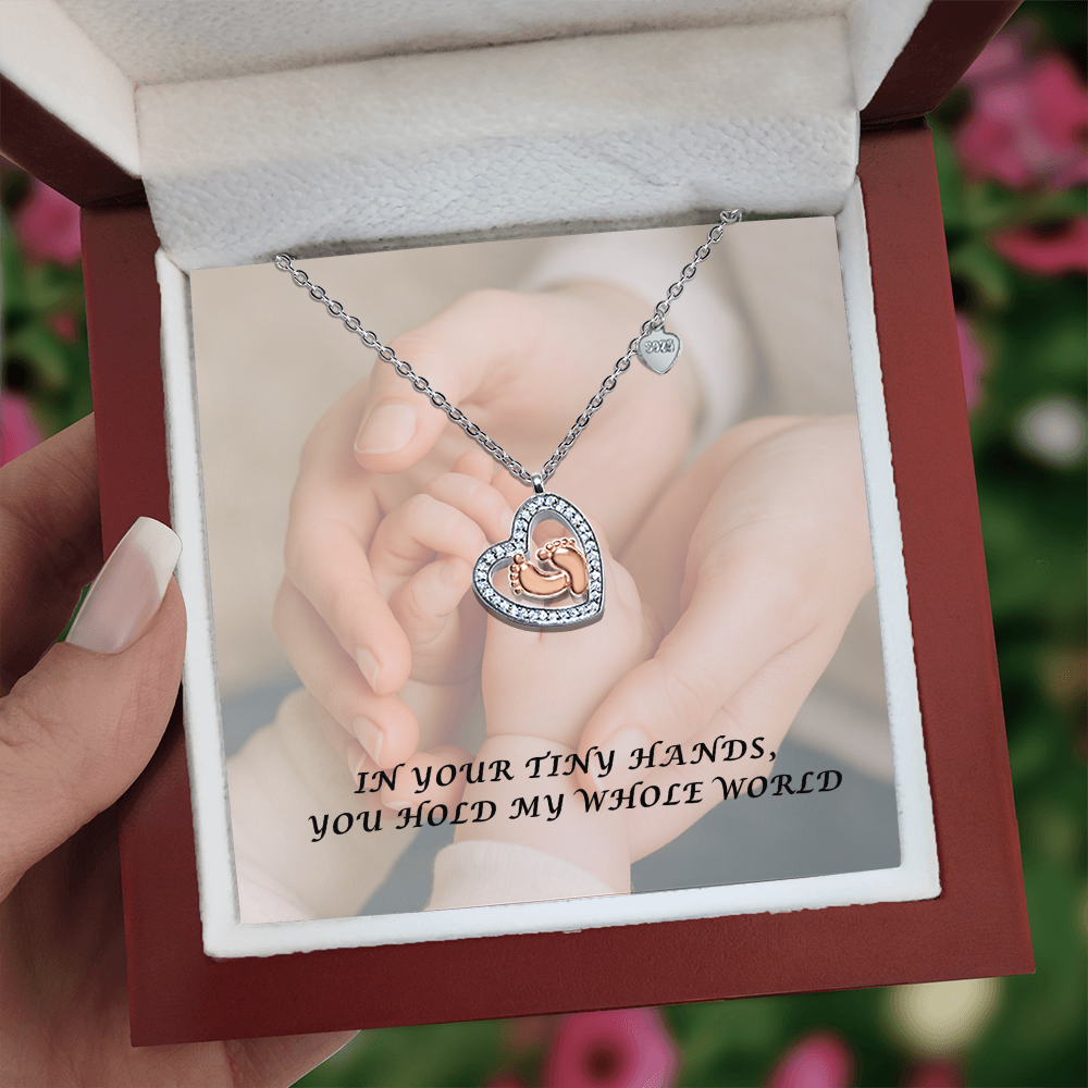 Baby Feet Necklace – “You Hold My Whole World” Heart Pendant for Moms