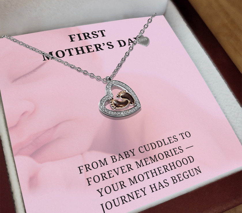 New Mom, New Love – First Mother's Day Heart Necklace with babies feet in center