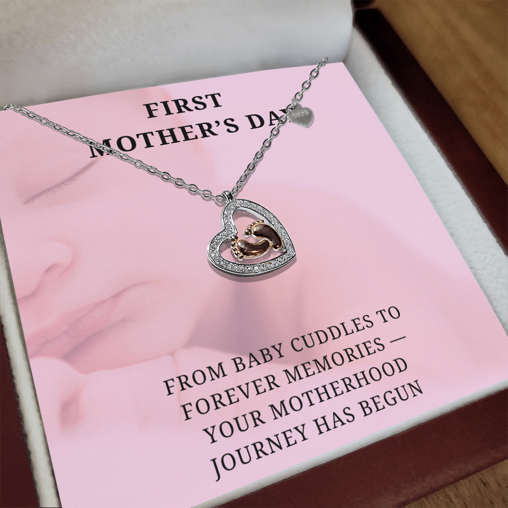 New Mom, New Love – First Mother's Day Heart Necklace with babies feet in center