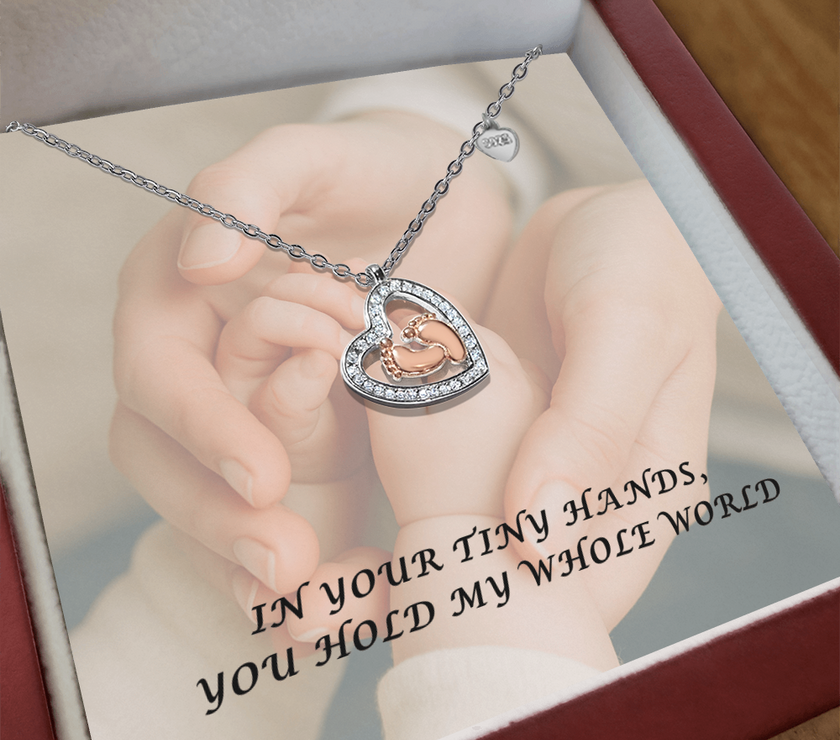 Baby Feet Necklace – “You Hold My Whole World” Heart Pendant for Moms