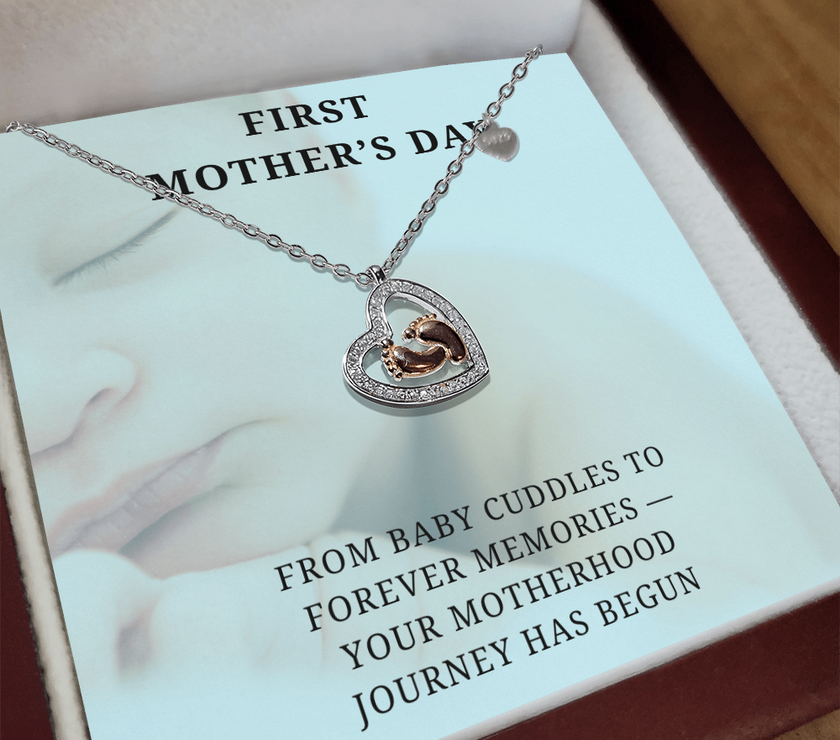 New Mom, New Love – First Mother's Day Heart Necklacen with babies feet in center