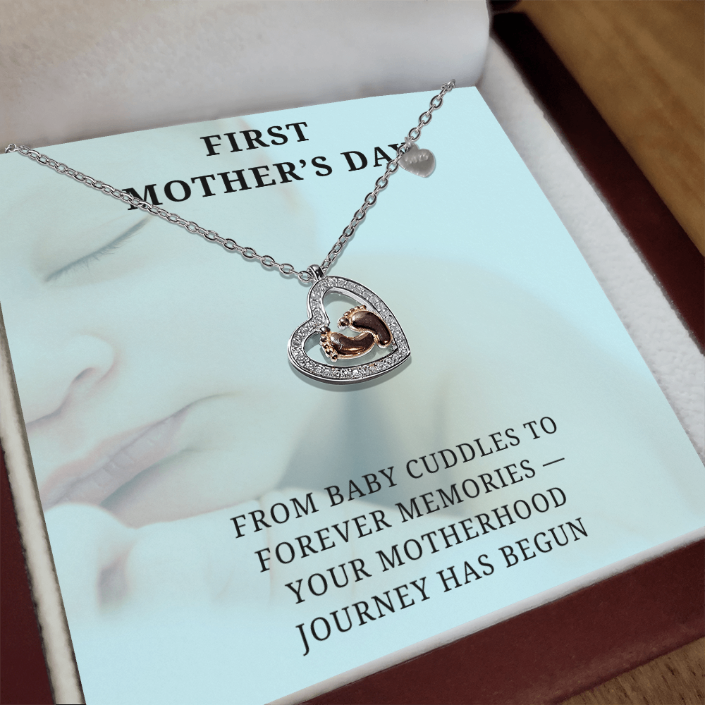 New Mom, New Love – First Mother's Day Heart Necklacen with babies feet in center