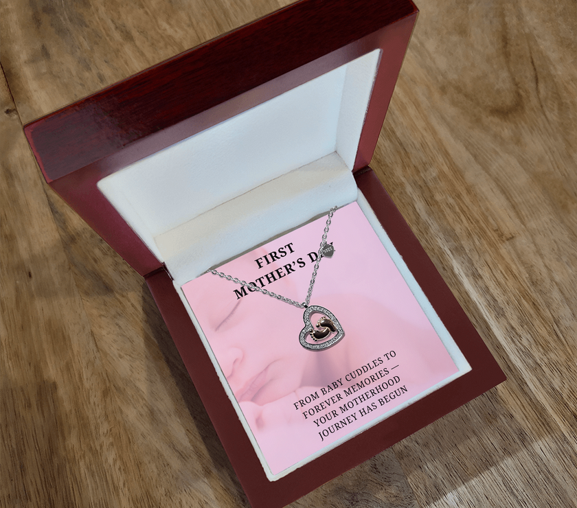 New Mom, New Love – First Mother's Day Heart Necklace with babies feet in center