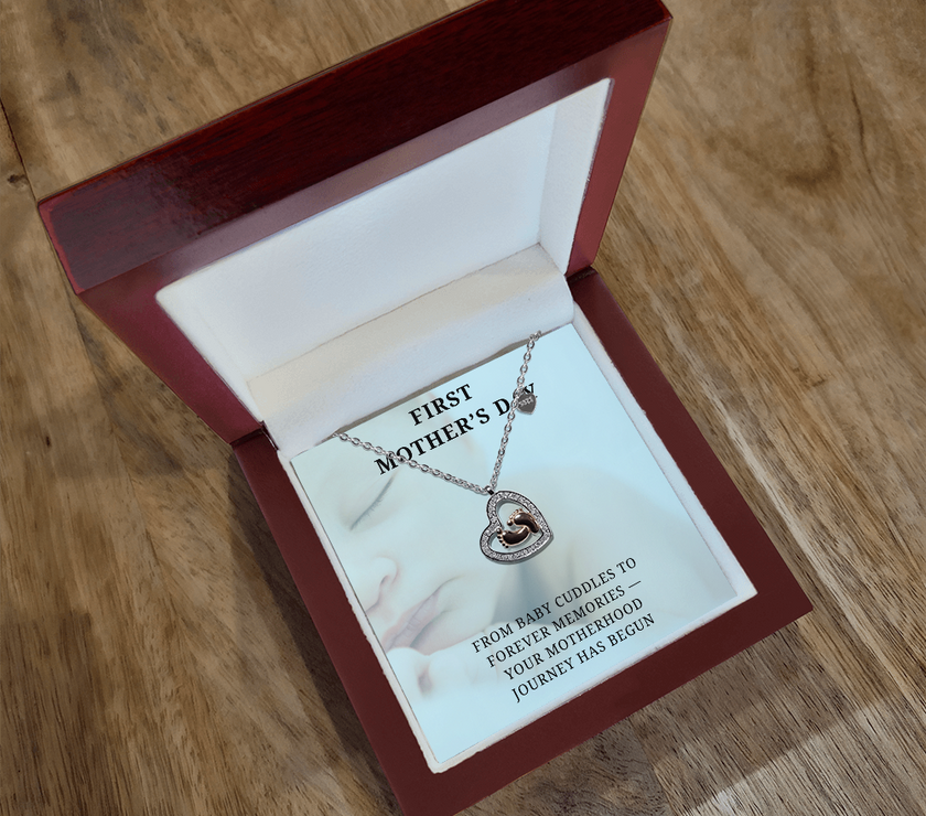 New Mom, New Love – First Mother's Day Heart Necklacen with babies feet in center
